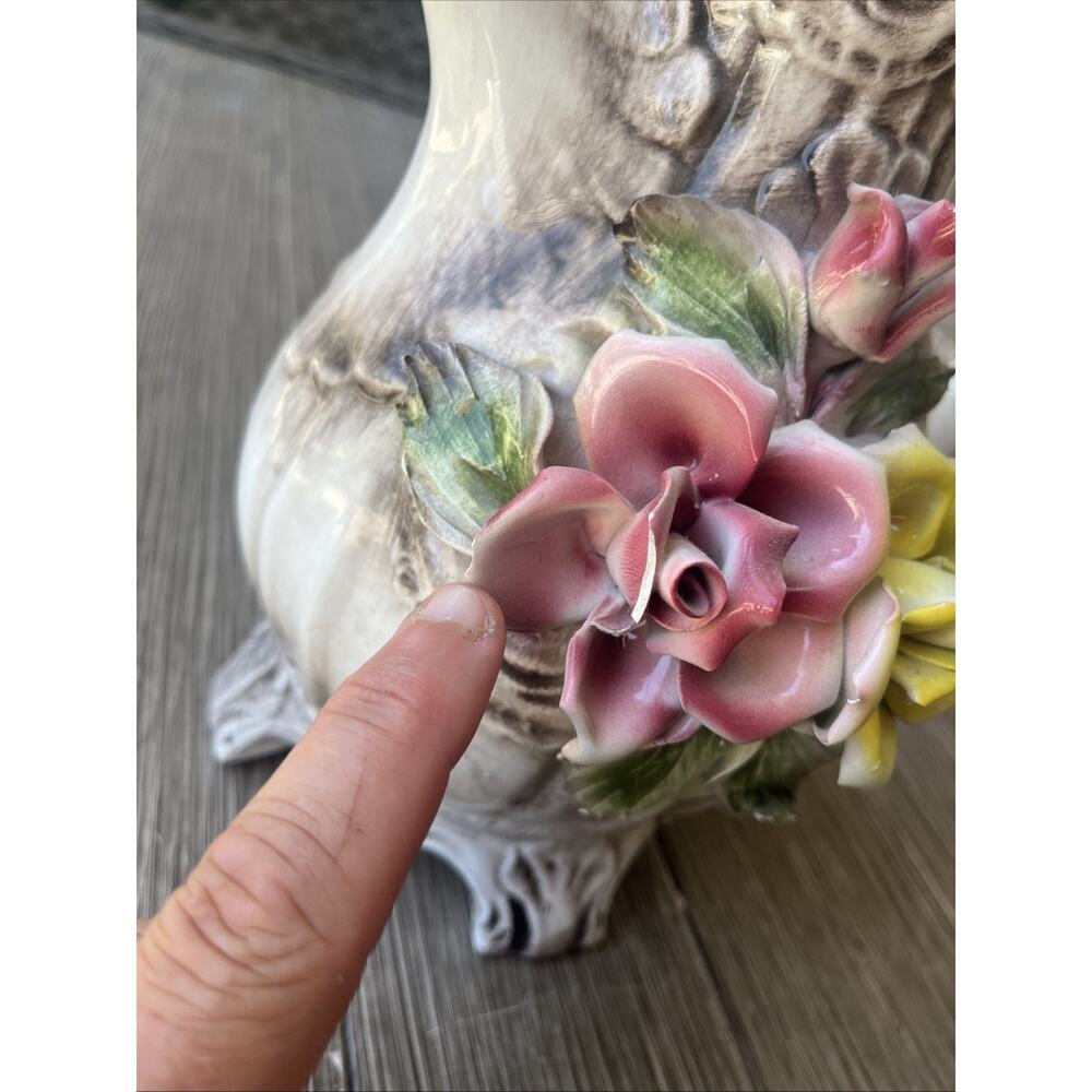 Capodimonte Porcelain Flower Pitcher With Lid Made In Italy. Pink Flower Is Chip - Picture 3 of 15